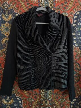 Simon Chang Black and Gray Textured Faux Fur Jacket  classy & sophisticated